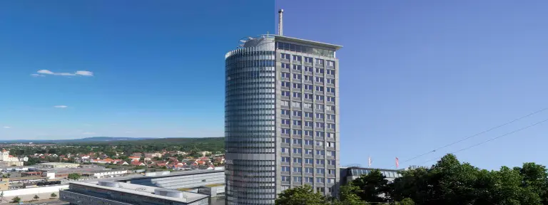 Der Businesstower der Nürnberger in Nürnberg und Ringturm der VIG in Wien als Collage 