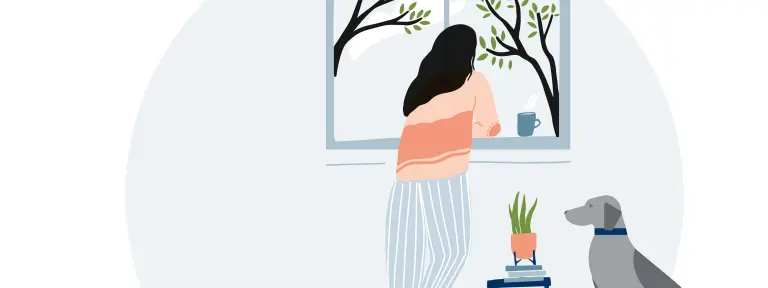 Illustration von einer Frau mit dunklen Haaren, die aus einem Fenster schaut