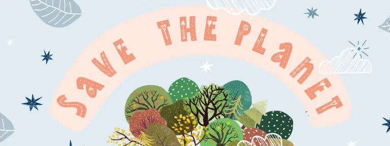 Illustration von Bäumen mit der Überschrift "save the world"