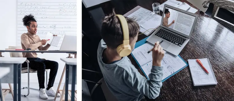 Auf dem linken Foto sitzt ein junger Mann an einem Schreibtisch auf dem rechten Foto sitzt ein Kind vor einem Laptop