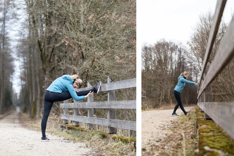 2 Bilder auf denen sich eine blonde Frau auf einem Feldweg dehnt