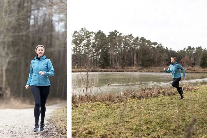 2 Bilder auf denen eine blonde Frau Laufübungen im Freien macht