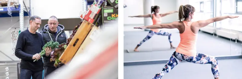 Auf dem linken Foto kaufen 2 Männer Gemüse ein - auf dem rechten Foto macht eine Frau Sport