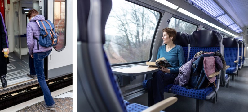 Links steigt Frau in Zug ein - rechts sitzt Frau im Zug und liest ein Buch