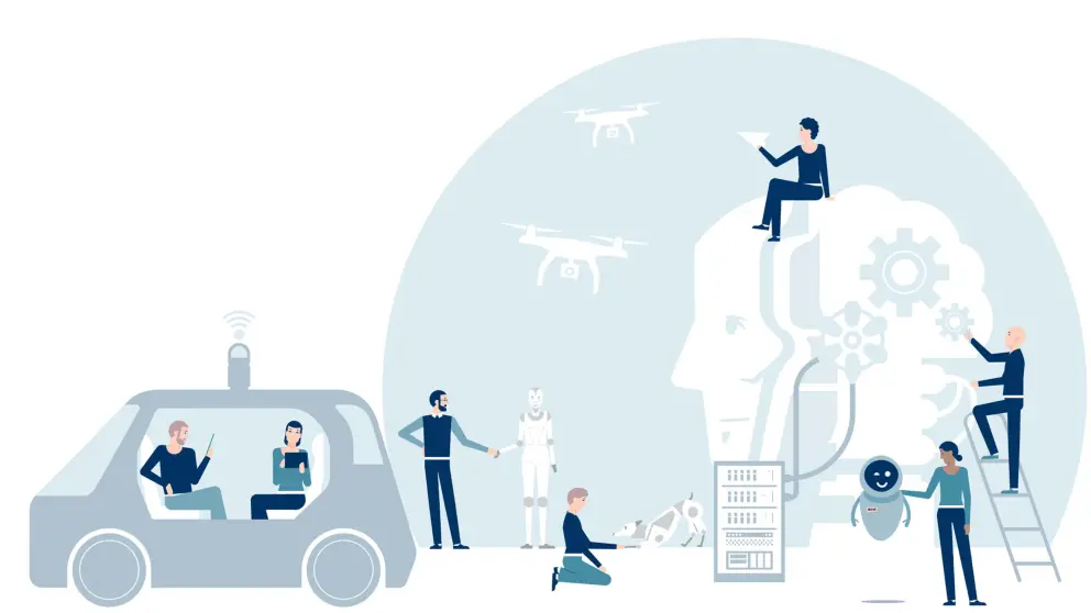 Illustration mit verschiedenen Personen in technischen Aktivitäten
