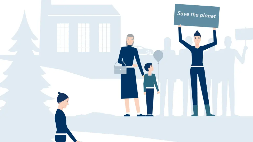 Illustration auf dem eine Person ein Schild "Save the planet" nach oben streckt